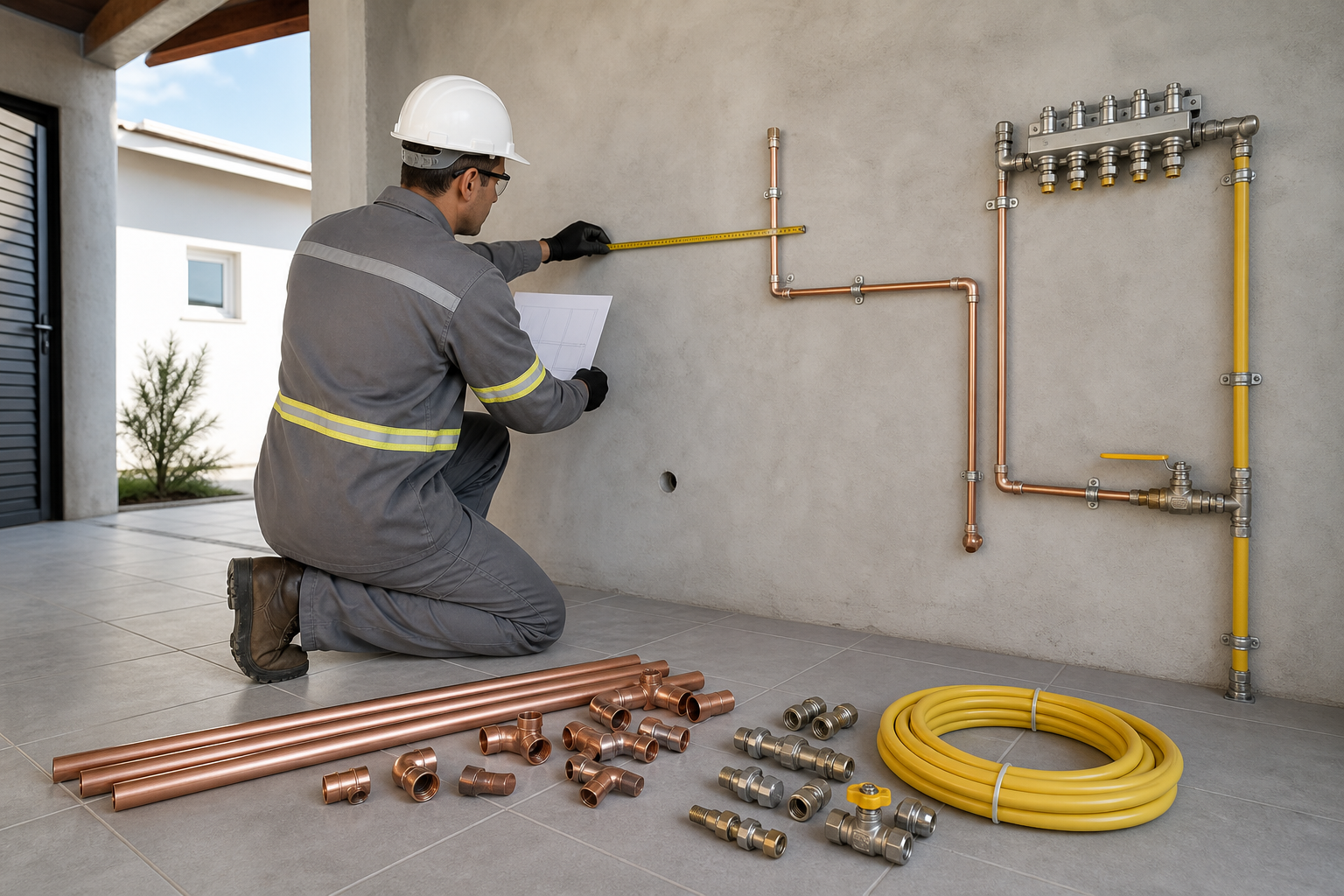 Técnico planejando rede residencial de gás com tubos de cobre e PEX para gás