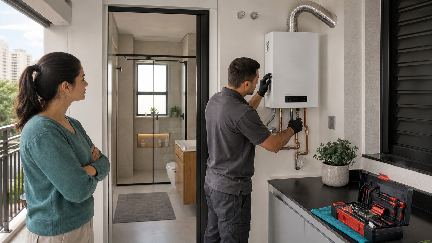 Técnico inspecionando uma instalação residencial de aquecedor a gás